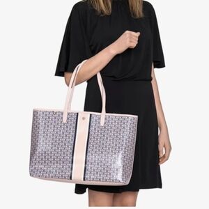 Tory Burch Pink Monogram Tote with Navy Stripe